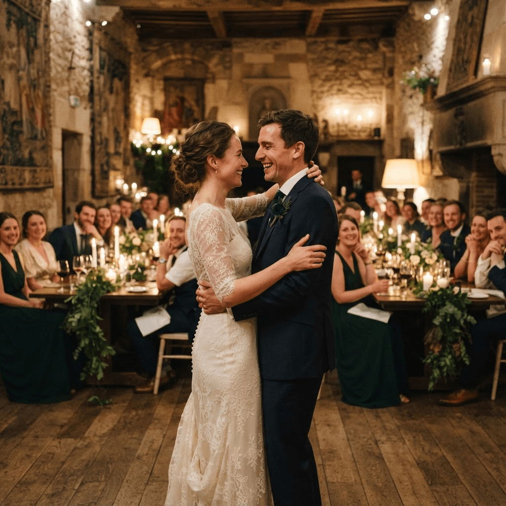 A couple dancing together during their wedding reception