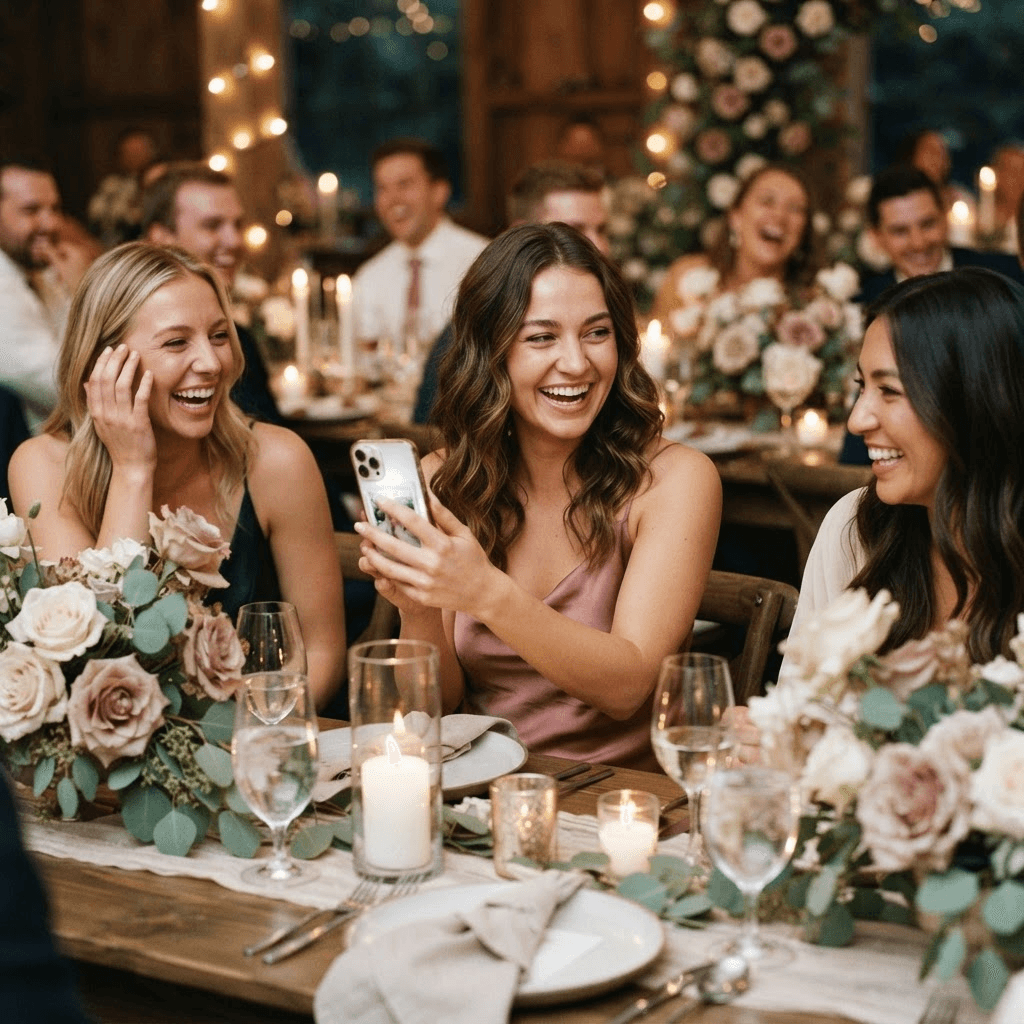 Wedding guests sharing a candid photo from their phone