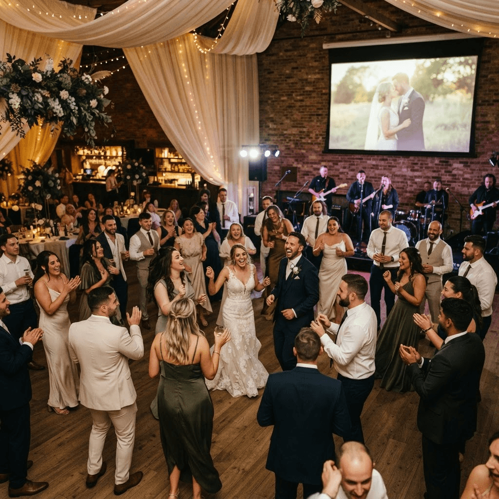 A lively wedding reception watching shared moments on a large screen